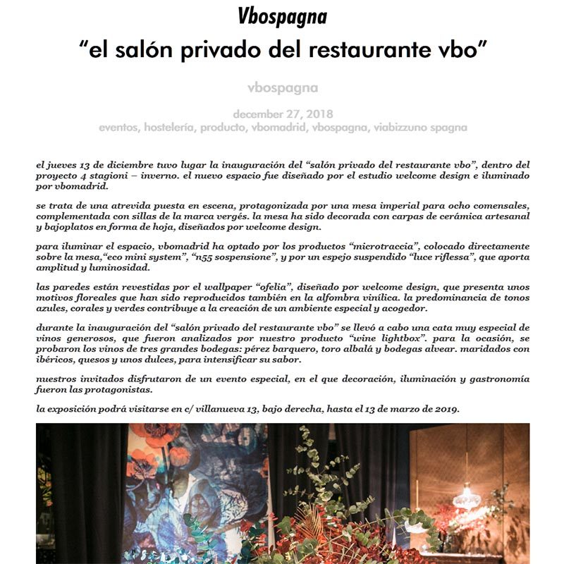 VBOSPAGNA. El salón privado del restaurante Vbo